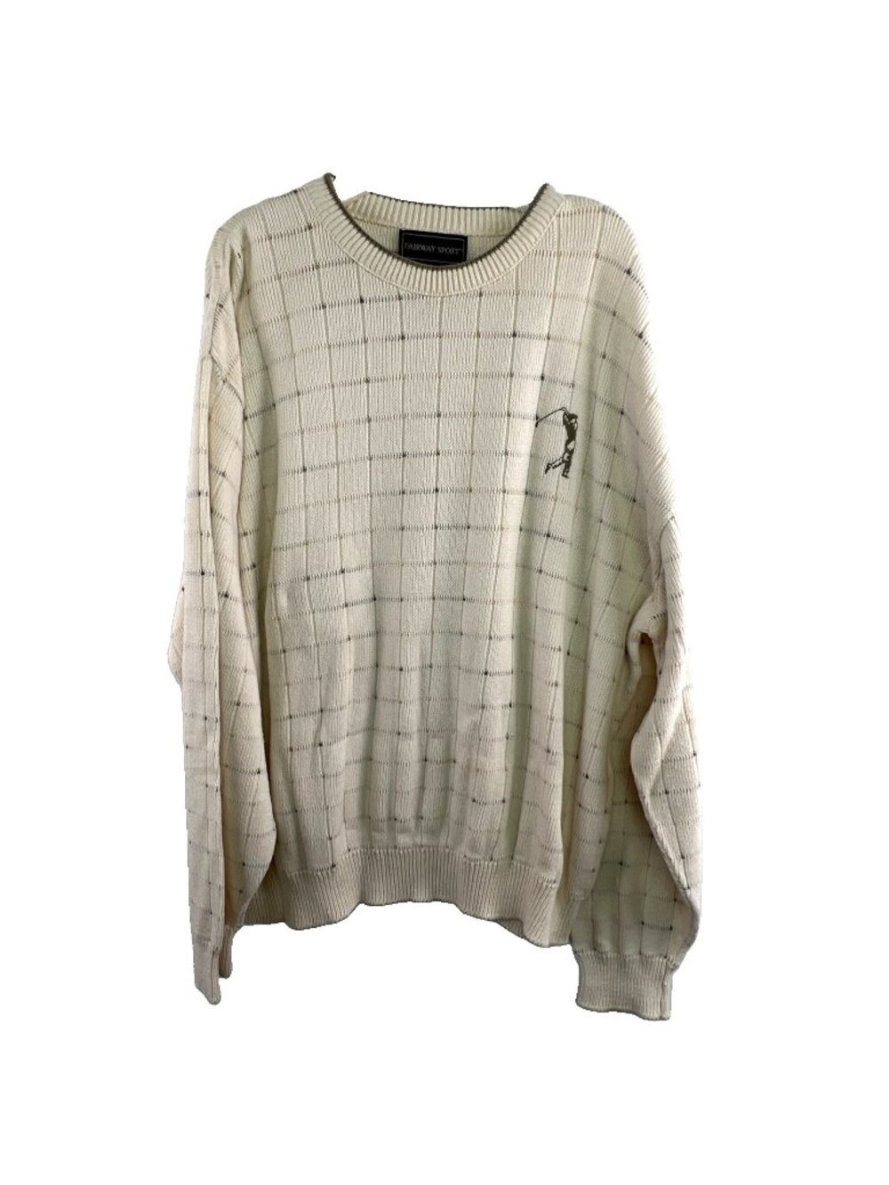 Fairway Sport Sz Large Cream Crewneck Sweater Made in USA 100% Cotton Mens
